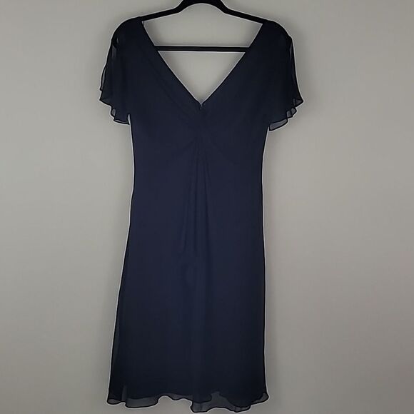 Maggy London 100% silk Black Midi Dress Slit flutter sleeves V-neck Size 10 - Picture 1 of 12